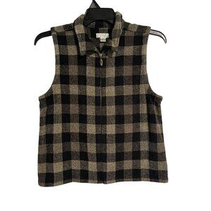 Christopher & Banks Womens Vest Size Large Black Brown Checkered Plaid Full Zip